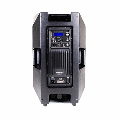 Coluna de som preta com painel frontal de controlo e várias conexões