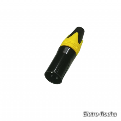 Conector XLR preto com ponta amarela sobre fundo branco