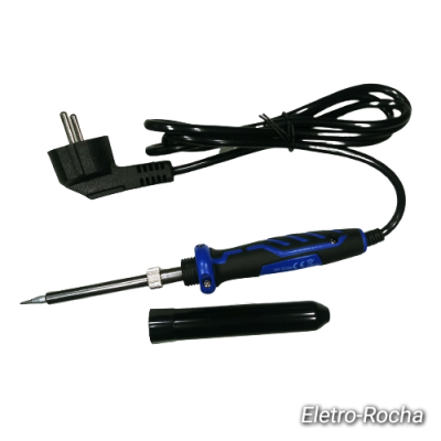 Ferro de soldar elétrico preto e azul com cabo e ponta metálica