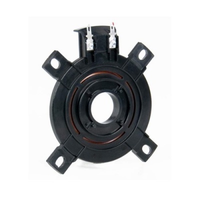 Peça circular preta com suportes e terminais metálicos