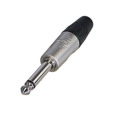 Conector áudio Jack 6.35mm metálico prateado com acabamento preto