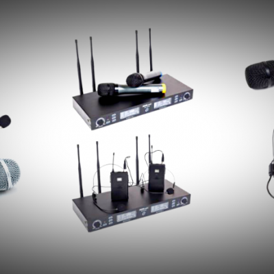 Conjunto de equipamentos de áudio sem fios com microfones mão, lapela, cabeça e recetores