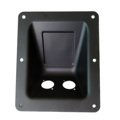 Caixa de metal preta com recorte central e dois furos circulares na base