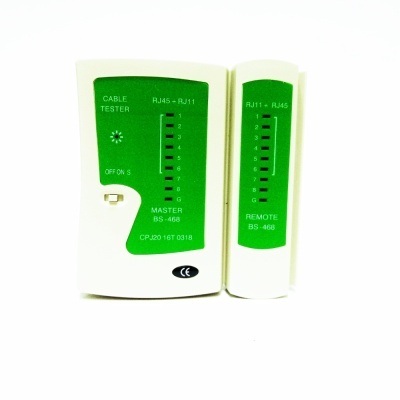 Detector de cabos branco com etiquetas verdes, duas unidades com indicadores LED