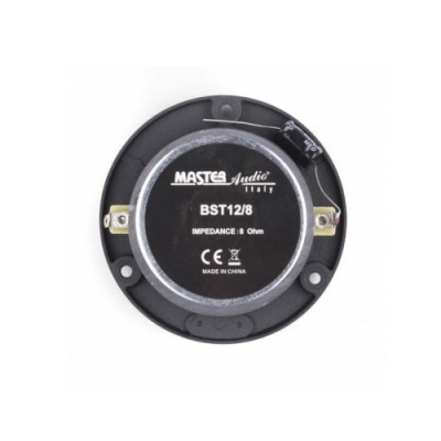 Coluna de áudio preta redonda com moldura metálica e etiquetas visíveis