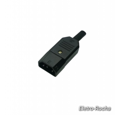 Conector elétrico preto com três pinos e marcações E, N e terra