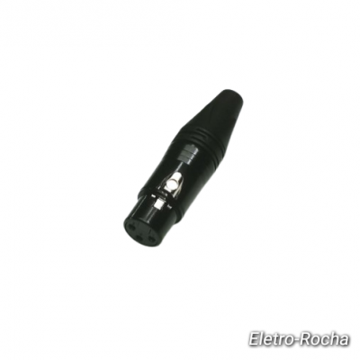 Conector XLR fêmea preto com três pinos em fundo branco