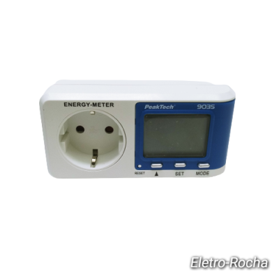 Medidor de energia branco PeakTech com painel azul e tomada formato europeu