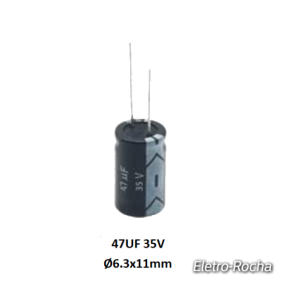 Condensador eletrolítico 47UF 35V preto cilíndrico com terminais