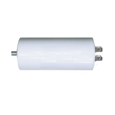 Condensador eletrolítico branco cilíndrico com terminais metálicos