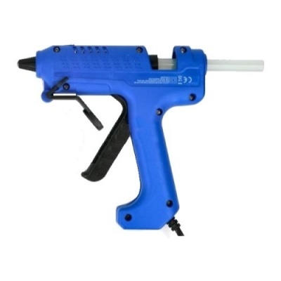 Pistola de cola quente azul com gatilho preto e bastão de cola transparente