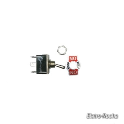 Interruptor chave toggle metálico com base preta e três terminais, anel metálico e peça plástica com texto NO ON