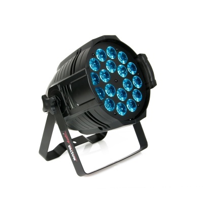 Projetor de luz LED preto com 18 LEDs azuis e suporte ajustável.