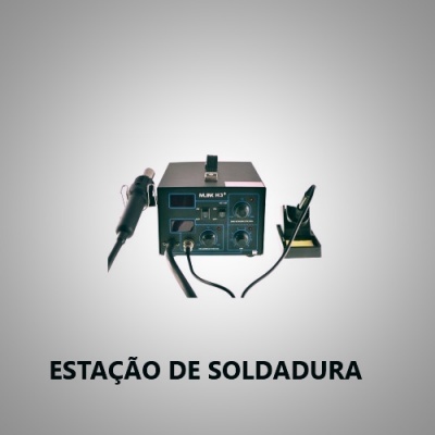 Estação de soldadura cinza com apontador e base, texto ESTAÇÃO DE SOLDADURA
