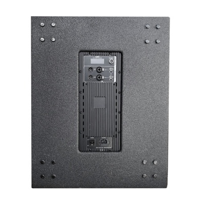 Parte traseira preta de altifalante com painel de controlo e parafusos