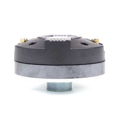 Componente redondo para áudio em preto e prata com parafusos dourados