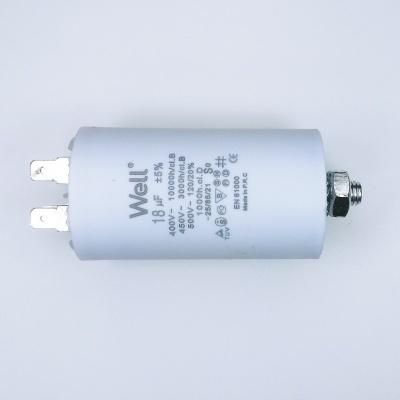 Condensador cilíndrico branco com texto técnico