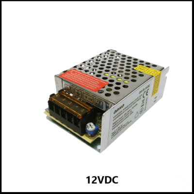 Fonte de alimentação 12VDC com estrutura metálica perfurada e terminal de ligação