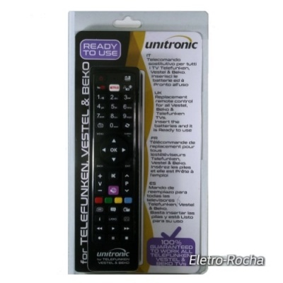 Comando remoto preto unitronic para Telefunken Vestel e Beko em embalagem blister