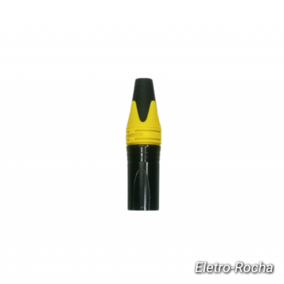 Conector elétrico preto e amarelo sobre fundo branco com texto Eletro-Rocha.