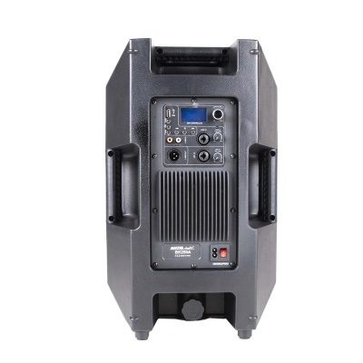 Coluna de som portátil preta com painel de controlo frontal e pegas laterais.