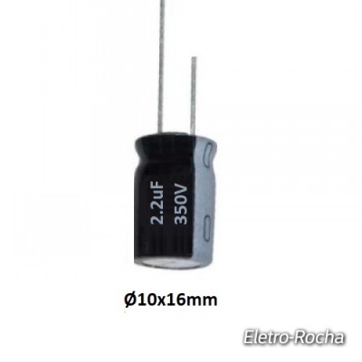 Condensador eletrolítico preto com texto branco 2.2uF 350V e dimensões Ø10x16mm