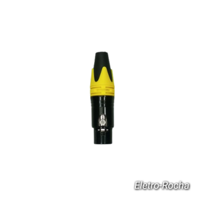 Conector XLR circular preto e amarelo com botão metálico