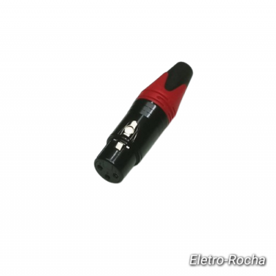 Conector macho XLR preto e vermelho com fundo branco