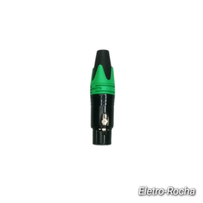 Conector XLR preto e verde com botão metálico
