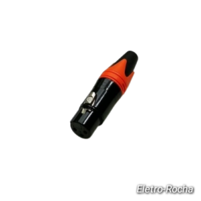 Conector XLR preto com parte superior laranja, texto Eletro-Rocha