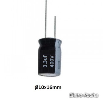 Condensador eletrolítico preto 3.3uF 400V Ø10x16mm com terminais metálicos