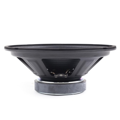 Subwoofer preto com estrutura metálica e íman cinza