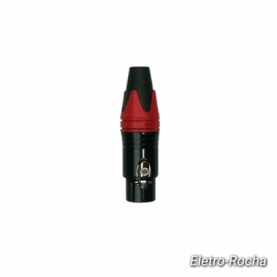 Conector XLR preto e vermelho com pinos metálicos