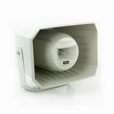 Coluna de som amplificada branca com suporte metálico