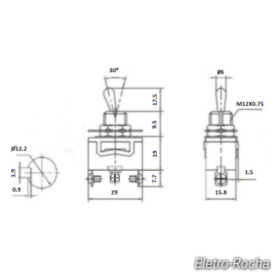 Desenho técnico de um interruptor com medidas e texto Eletro-Rocha