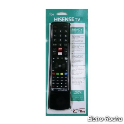 Comando remoto preto para TV HISENSE na embalagem verde