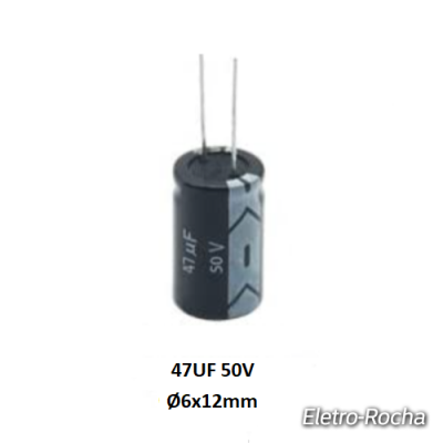 Condensador eletrolítico preto com terminais metálicos e texto técnico