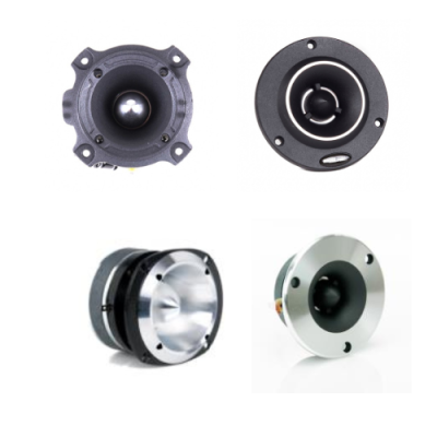 Quatro tweeters de áudio para colunas em metal e plástico preto e prata sobre fundo branco.