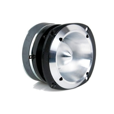 Componente metálico redondo prateado com base preta sobre fundo branco