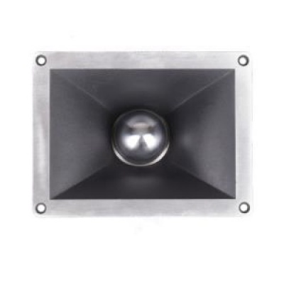 alto-falante retangular com moldura metálica prateada e centro preto com cúpula esférica