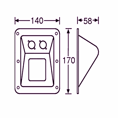Desenho técnico de uma caixa retangular com dimensões 140x170x58 mm