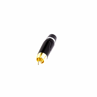 Conector RCA preto e dourado sobre fundo branco