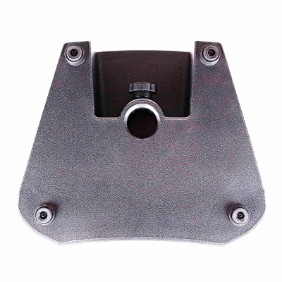 Suporte metálico cinzento texturizado com parafuso de ajuste central.