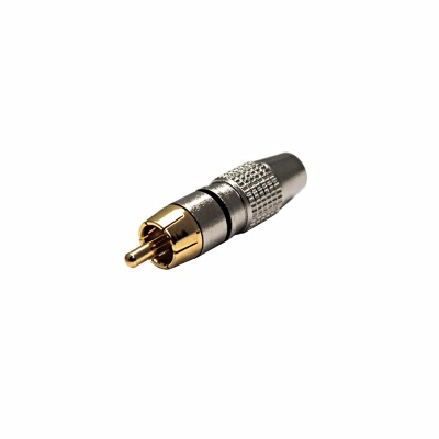 Conector RCA dourado e prateado em fundo branco