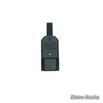 Conector elétrico preto com parte superior estreita e parafuso, fundo branco.