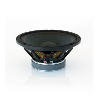 Coluna de som preta com estrutura metálica e terminais vermelhos e pretos