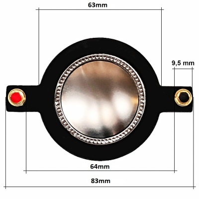 Componente metálico circular com borda preta e terminais vermelho e dourado, medidas em milímetros.