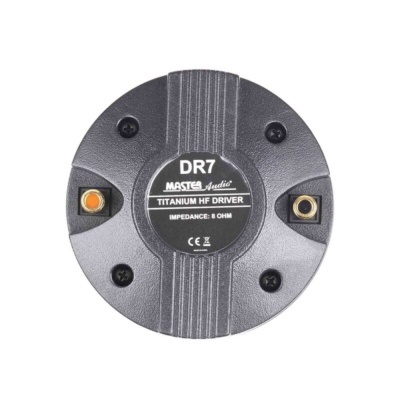 Driver de alta frequência preto Master Audio DR7 com texto branco e terminais para conexão.