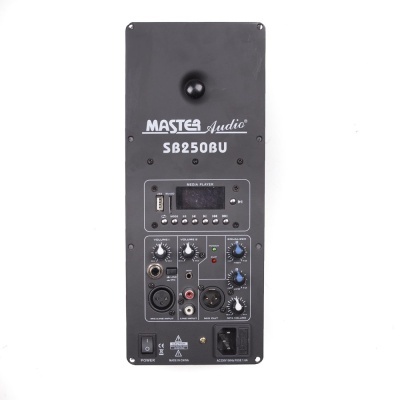 Painel traseiro de coluna de som Master Audio SB250BU com entradas e controles em preto