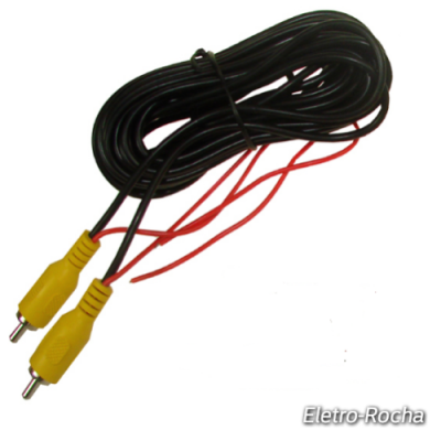 Cabo preto com conectores RCA amarelos e fios vermelhos expostos